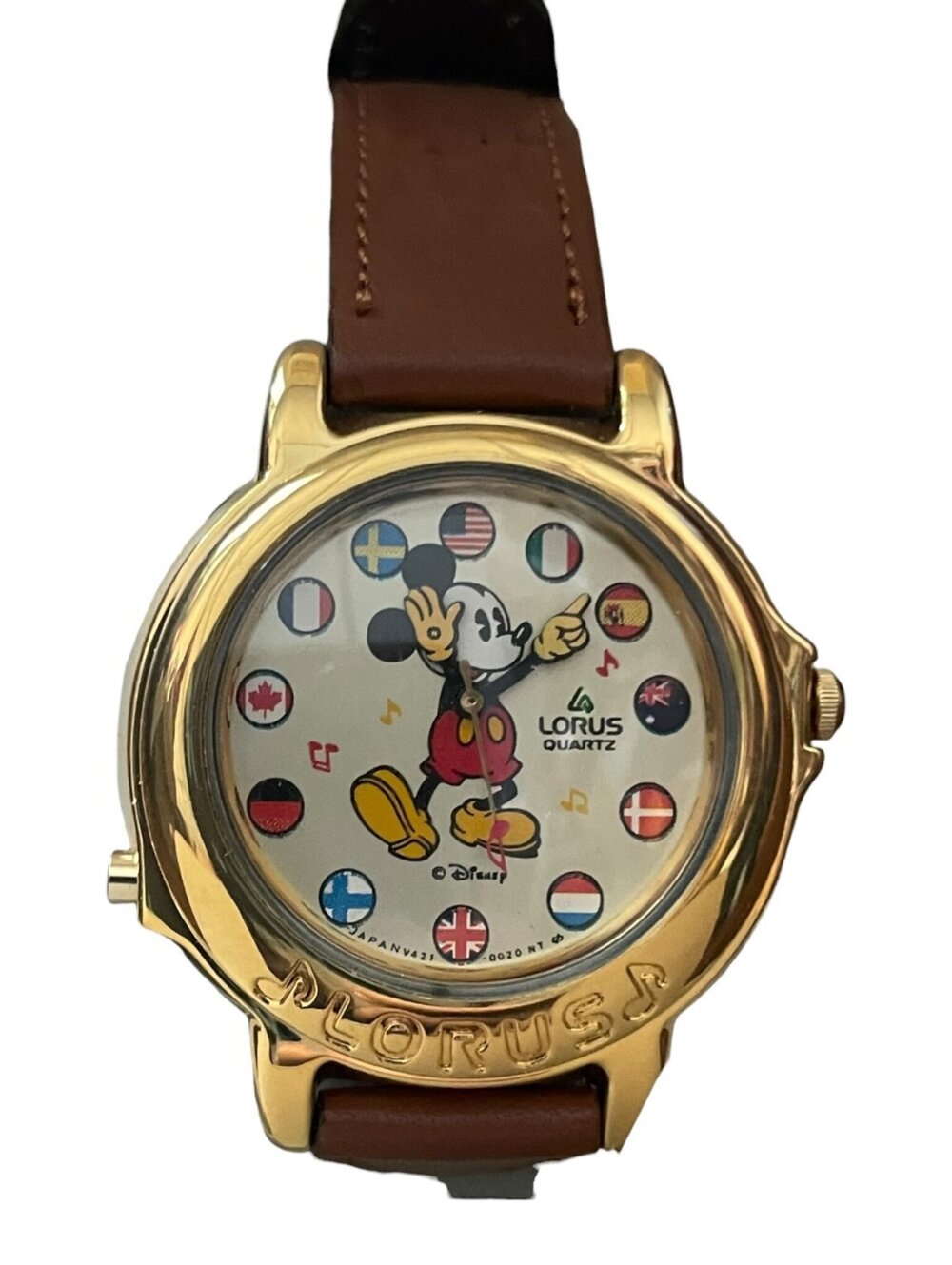 Vtg Lorus Quartz Melody Mickey Watch "It's A Small World" Gold Tone Leather Band